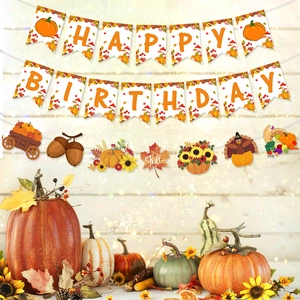 Autumn happy birthday banner set with pumpkins, maple leaves, and sunflowers party decor