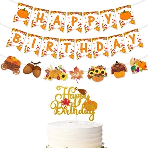 Fall themed happy birthday party decoration set with pumpkin banner and cake topper