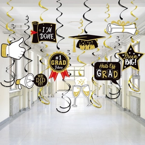Décorations Suspendues En Spirale Graduation Noir Or Carton PVC Serpentins De Plafond Décor De Fête Pour Diplômés
