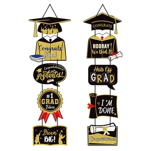 Graduation party door banners set with Congrats Grad slogans and classic diploma icons