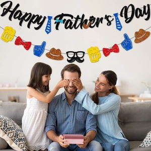 Glittery Happy Father's Day banner set with tie and beer mug cutouts for party decor