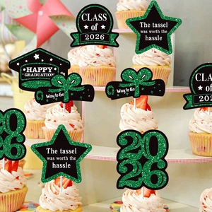 Class of 2026 graduation cake toppers set in green glitter for party decorations