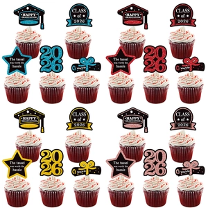 Class Of 2026 Graduation Cupcake Toppers Glitter Cardboard Doctor Hat Star Shape Party Cake Decoration For Graduate