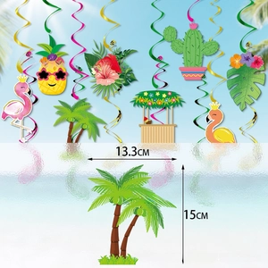 Detail showing tropical palm tree party hanging swirl with 13.3cm x 15cm dimensions