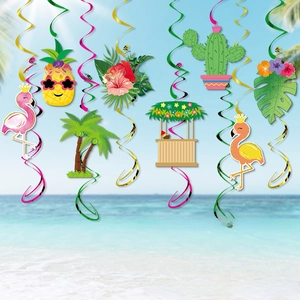 Close-up of Hawaiian tropical hanging swirls with flamingo, pineapple, and palm designs