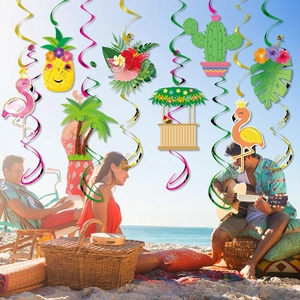 Close-up of tropical party hanging swirls featuring pineapple, flamingo and cactus cards