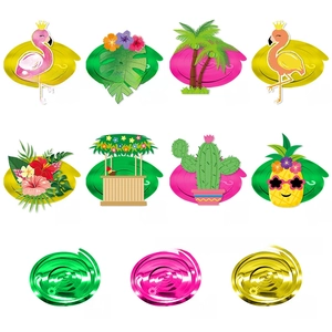 Tropical party decor set with flamingos, palms and pineapples with hanging spirals