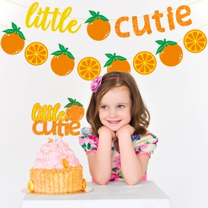 Little Cutie orange themed first birthday party decoration set with banner and cake toppers