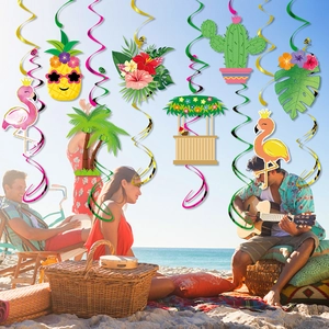 Tropical Hawaii party decorations with flamingo pineapple swirls for beach theme events