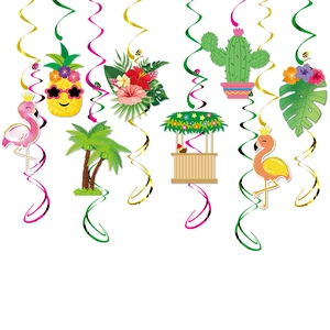 Hawaiian tropical party decorations with flamingo, pineapple, and colorful PVC foil swirls