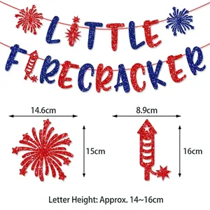 Glittery Independence Day banner with Little Firecracker text and size specifications