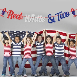 Red White & Two glitter banner for 2nd birthday with rockets and USA flag background