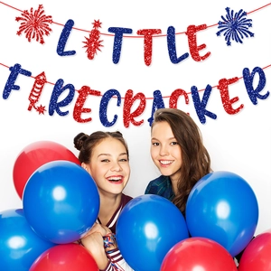 Independence Day party banner Little Firecracker set with red and blue glitter letters