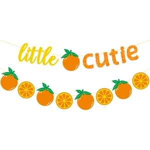 Little Cutie orange themed first birthday glitter banner for baby shower party decor