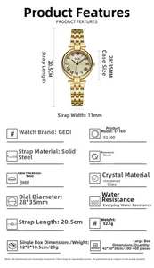 Detailed size specifications for the vintage gold quartz watch with steel band