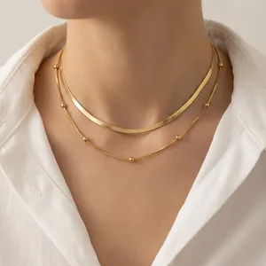 Stainless Steel Double Layer Necklace Gold Plated Herringbone Snake Bone Chain With Round Beads Trendy Minimalist Jewelry For Women