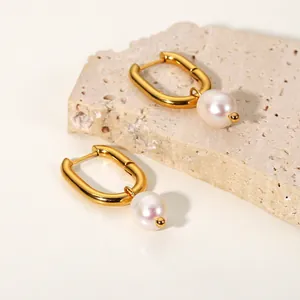 Stainless Steel Freshwater Pearl Hoop Earrings Gold U-Shaped Dangle Drop Earrings For Women Elegant Minimalist Jewelry