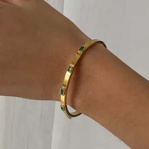 Bangle Bracelet Stainless Steel Green Rectangle Zircon Waterproof Hypoallergenic Fashion Jewelry Women