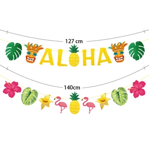 Tropical Hawaii party ALOHA banner set with flamingos, tiki masks, and palm leaves decorations