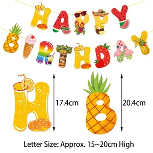 Tropical fruit themed Happy Birthday banner with pineapple flamingo and summer motifs