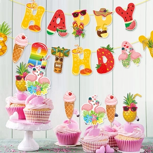 Hawaiian fruit theme Happy Birthday banner and cake toppers for summer tropical party decor