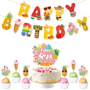 Tropical Birthday Banner And Cake Decorations Hawaii Fruit Theme Summer Party Supplies Paper Flamingo Pineapple Novelty