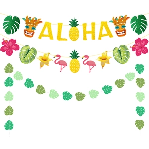Aloha Banner Garland Glitter Paper Tropical Luau Party Decoration Flamingo Pineapple Palm Leaf Hibiscus Hanging Ornaments