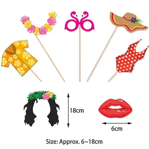 7-piece Hawaiian party photo booth props set with flamingo and floral cardstock designs