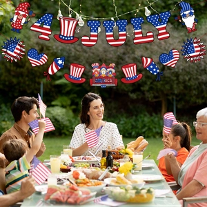July 4th Independence Day party banner set with gnomes and America themed patriotic patterns