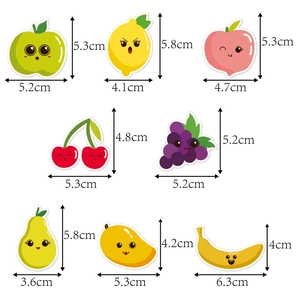 Detailed view of 8 cute fruit character stickers with precise height and width measurements