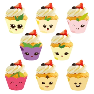 Colorful cartoon fruit themed cupcake wrappers set of 8 for kids birthday party decoration