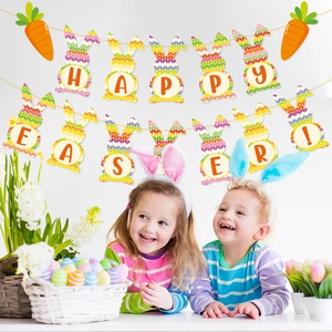 Happy Easter banner with colorful bunny cards and carrots for holiday party decoration