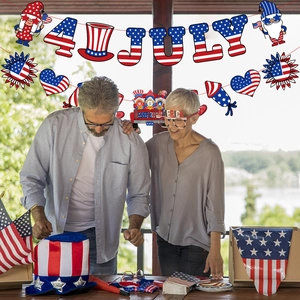 4th of July party decoration banner with patriotic gnomes and stars and stripes theme