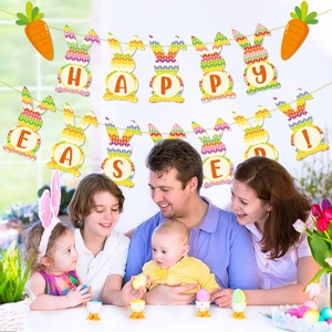 Colorful Easter bunny banner with HAPPY EASTER text in a cozy family home setting