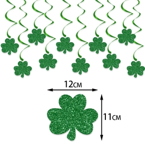 St. Patrick's Day green glitter shamrock swirl decorations with 12x11cm size guide
