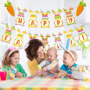 Colorful Happy Easter bunny banner with carrot accents hanging over a family celebration