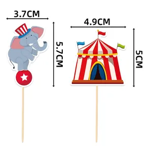 Circus party cupcake toppers with elephant and tent designs and size measurements