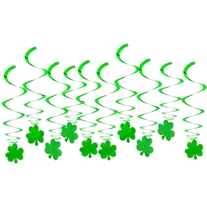 Metallic green spiral shamrock hanging decorations for St. Patrick's Day party decor
