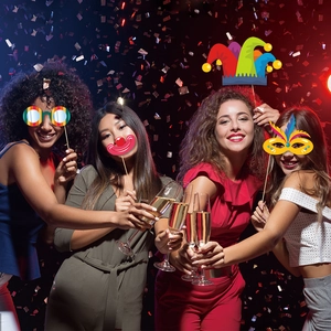 41-piece carnival party photo booth props set with colorful hats and masks for celebration