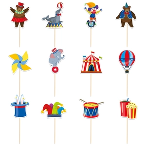 Set of 12 circus carnival cake toppers including clown and elephant on white background