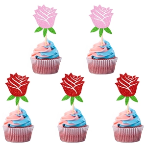 Rose Flower Cake Toppers Glitter Paper Picks For Valentine's Day Wedding Birthday Party Dessert Decoration Pink Red
