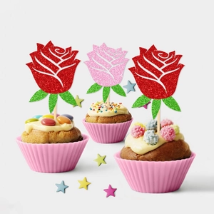 Glitter rose cake toppers in red and pink for birthday or wedding party decorations