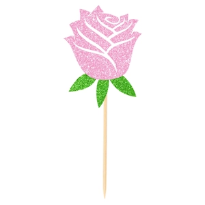 Sparkling pink glitter rose cake topper with green leaves for wedding and birthday party