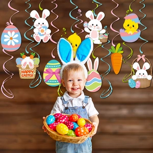 Easter ceiling decorations set with colorful hanging swirls and cute bunny egg card cutouts
