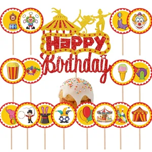 Zirkus Karneval Thema Tortenaufsatz Happy Birthday Glitzer Karton Dekoration Mit Bambusstäben Für Kinder