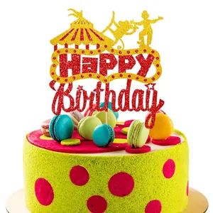 Glitzernder roter und goldener Zirkus-Tortenstecker Happy Birthday mit Zelt und Affe