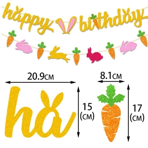 Glittery Happy Birthday banner with Easter bunny and carrot decorations and size chart