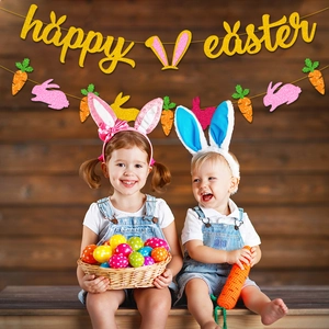 Detail of glitter Happy Easter banner with pink bunnies and carrots for party decoration