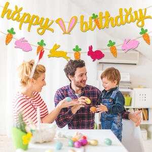 Glittery Happy Birthday banner with bunny and carrot bunting for Easter party decor