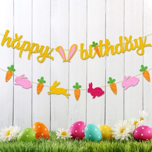 Glittery Happy Birthday banner with Easter bunny and carrot accents for party decor